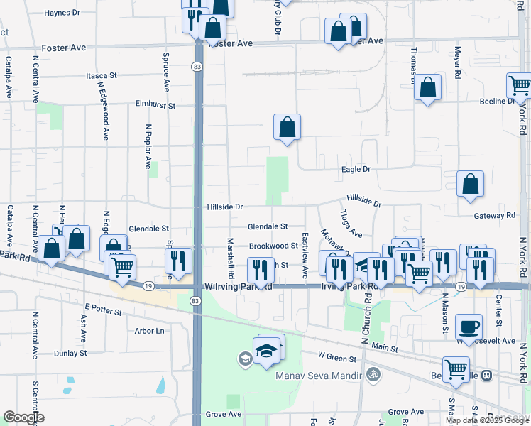 map of restaurants, bars, coffee shops, grocery stores, and more near 1007 Glendale Street in Bensenville