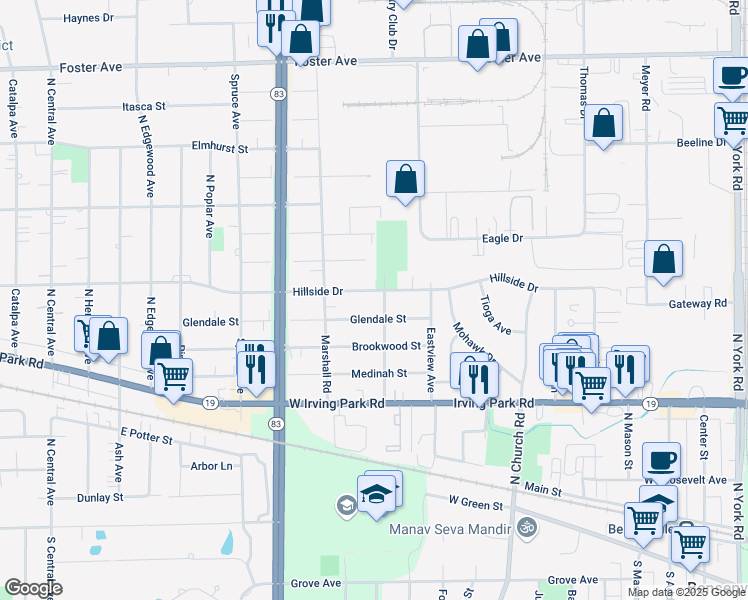 map of restaurants, bars, coffee shops, grocery stores, and more near 1007 Glendale Street in Bensenville