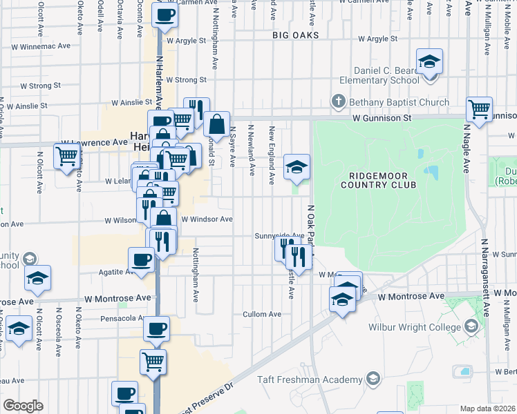 map of restaurants, bars, coffee shops, grocery stores, and more near 4539 North Newland Avenue in Harwood Heights