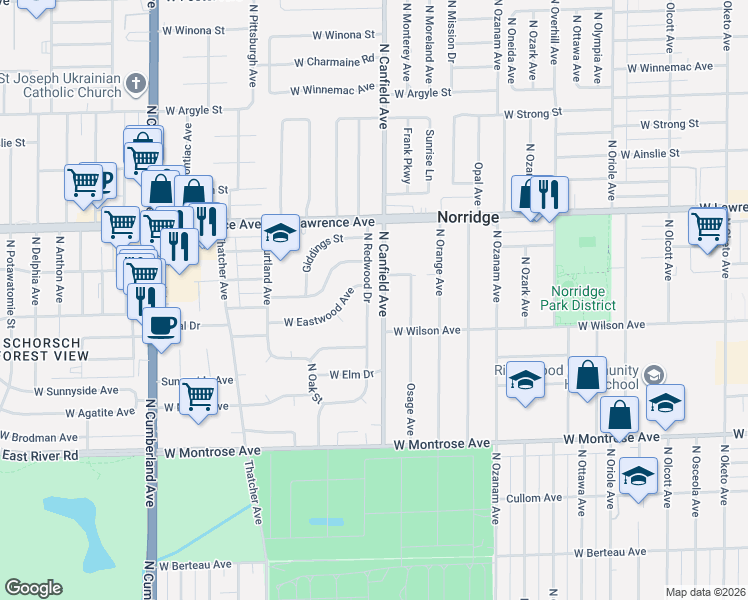 map of restaurants, bars, coffee shops, grocery stores, and more near 4625 North Canfield Avenue in Norridge