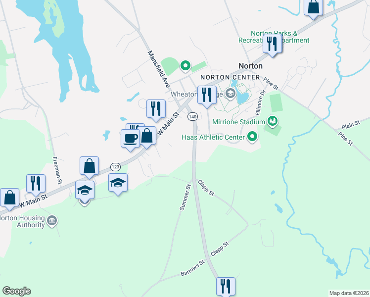 map of restaurants, bars, coffee shops, grocery stores, and more near 25 Taunton Avenue in Norton