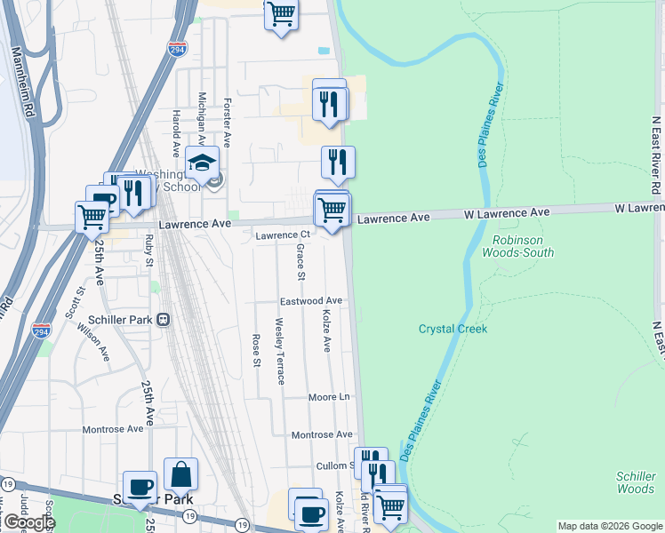 map of restaurants, bars, coffee shops, grocery stores, and more near 4661 Kolze Avenue in Schiller Park