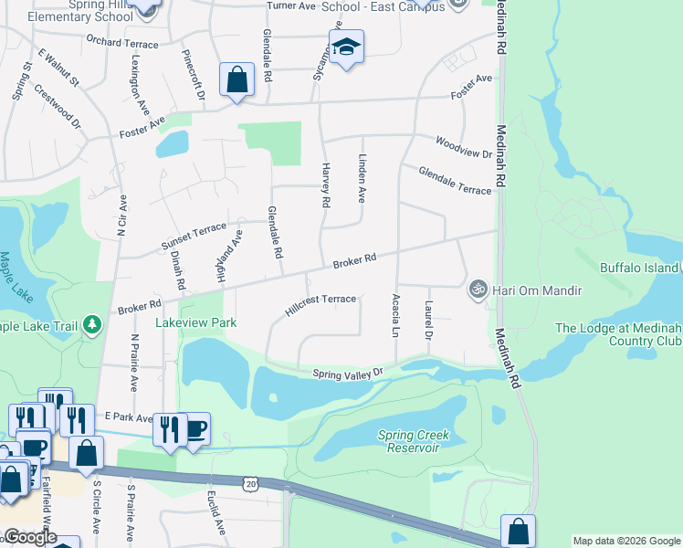 map of restaurants, bars, coffee shops, grocery stores, and more near 22W305 Broker Road in Medinah