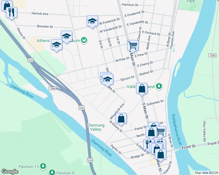 map of restaurants, bars, coffee shops, grocery stores, and more near 253 Pennsylvania Avenue in Athens