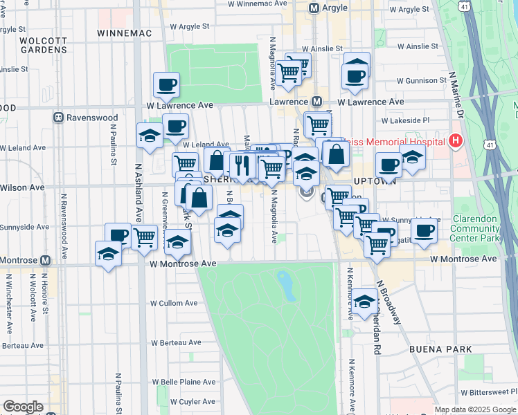 map of restaurants, bars, coffee shops, grocery stores, and more near 4521 North Malden Street in Chicago