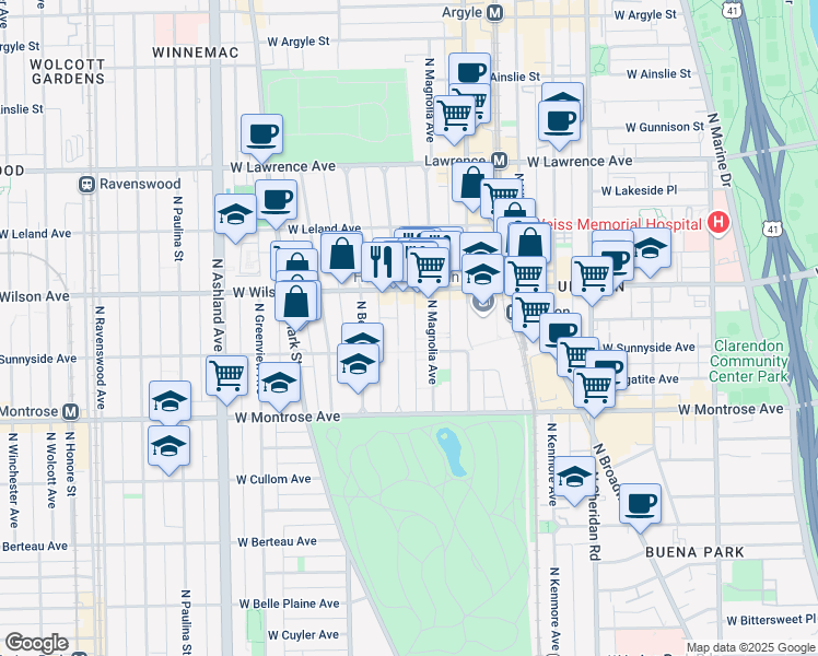 map of restaurants, bars, coffee shops, grocery stores, and more near 4521 Malden Street in Chicago
