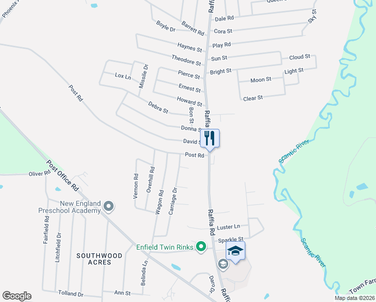 map of restaurants, bars, coffee shops, grocery stores, and more near 6 Post Road in Enfield