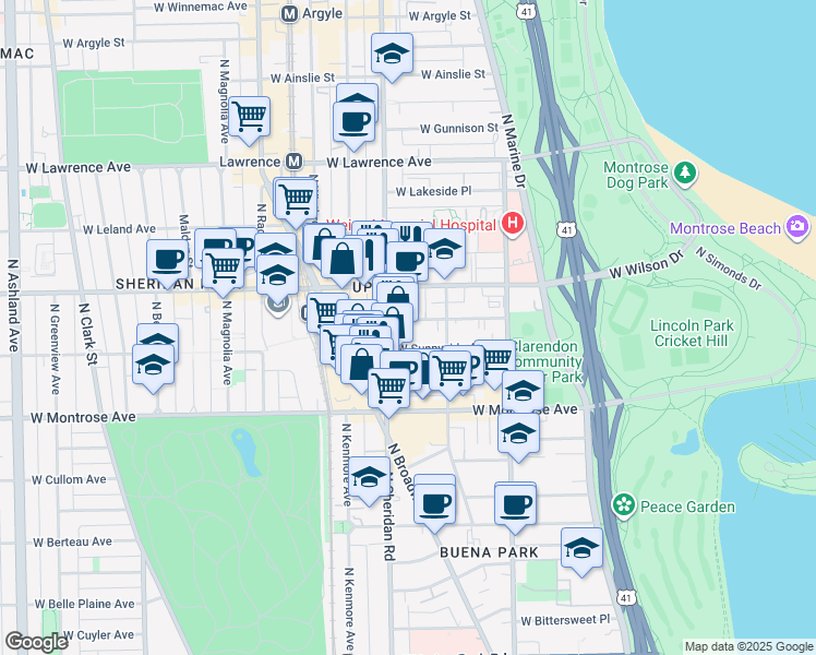 map of restaurants, bars, coffee shops, grocery stores, and more near 4513 North Sheridan Road in Chicago