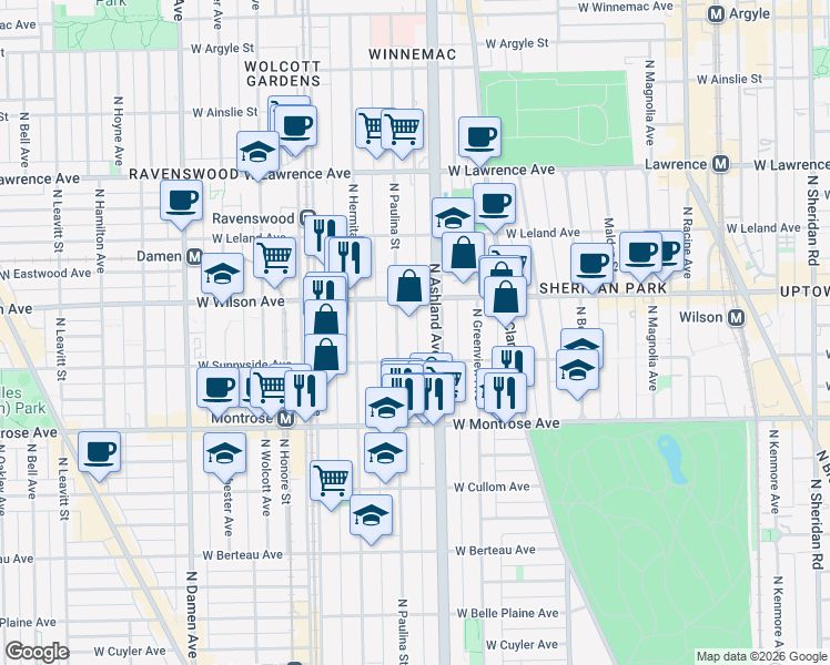 map of restaurants, bars, coffee shops, grocery stores, and more near 4517 North Paulina Street in Chicago