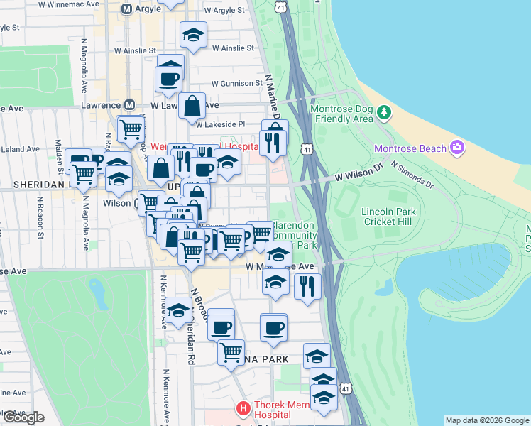 map of restaurants, bars, coffee shops, grocery stores, and more near 4520 North Clarendon Avenue in Chicago