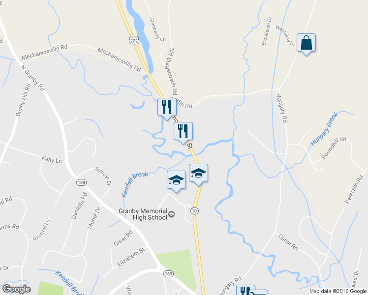 map of restaurants, bars, coffee shops, grocery stores, and more near 345 Salmon Brook Street in Granby