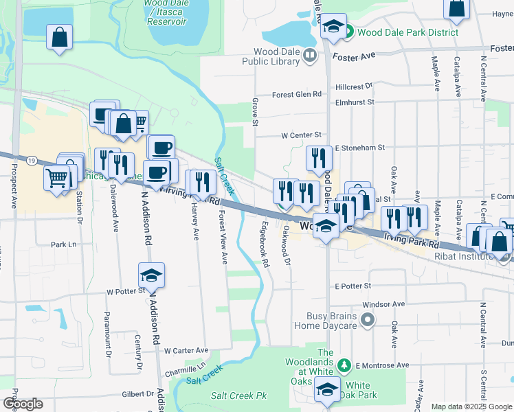 map of restaurants, bars, coffee shops, grocery stores, and more near 212 West Irving Park Road in Wood Dale