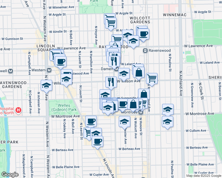 map of restaurants, bars, coffee shops, grocery stores, and more near 4526 North Damen Avenue in Chicago