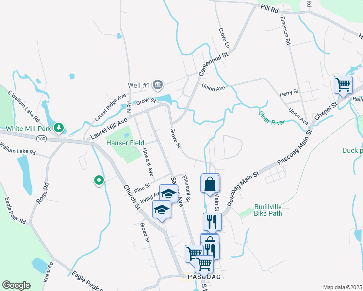 map of restaurants, bars, coffee shops, grocery stores, and more near 84 Grove Street in Burrillville