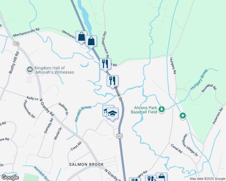 map of restaurants, bars, coffee shops, grocery stores, and more near 345 Salmon Brook Street in Granby