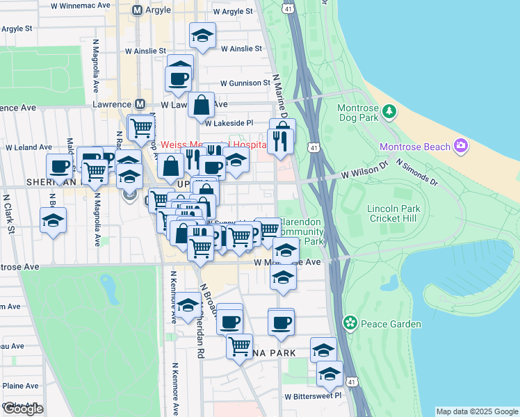 map of restaurants, bars, coffee shops, grocery stores, and more near 820 West Sunnyside Avenue in Chicago