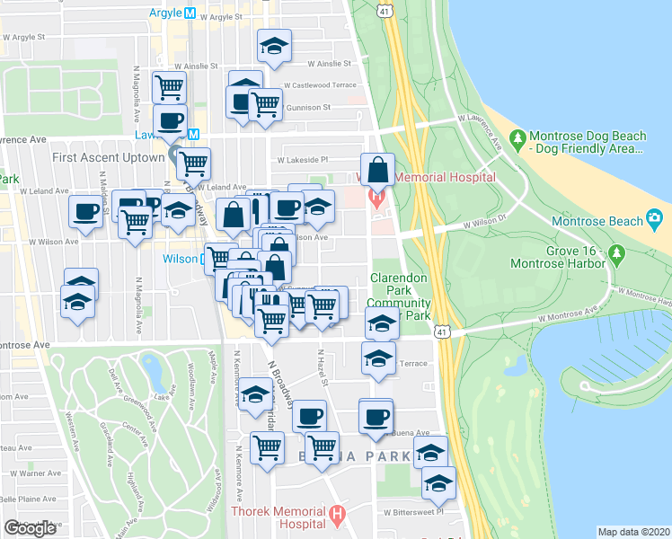 map of restaurants, bars, coffee shops, grocery stores, and more near 820 West Sunnyside Avenue in Chicago