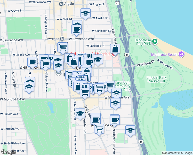 map of restaurants, bars, coffee shops, grocery stores, and more near 4508 North Hazel Street in Chicago