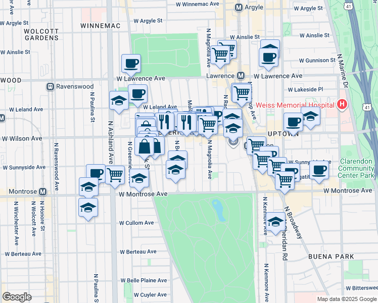 map of restaurants, bars, coffee shops, grocery stores, and more near 4512 North Malden Street in Chicago