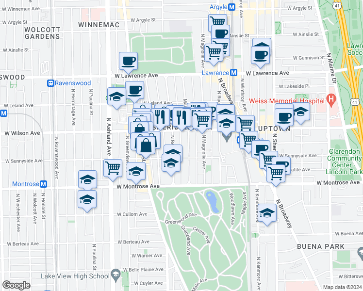 map of restaurants, bars, coffee shops, grocery stores, and more near 4512 North Malden Street in Chicago