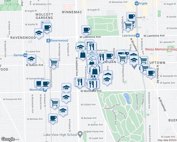 map of restaurants, bars, coffee shops, grocery stores, and more near 4517 North Greenview Avenue in Chicago
