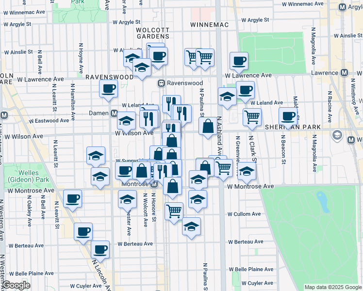map of restaurants, bars, coffee shops, grocery stores, and more near 4507 North Ravenswood Avenue in Chicago