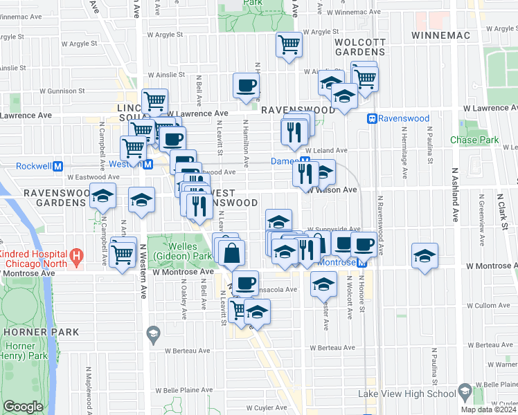 map of restaurants, bars, coffee shops, grocery stores, and more near 4520 North Seeley Avenue in Chicago