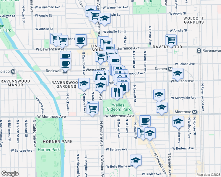 map of restaurants, bars, coffee shops, grocery stores, and more near 4525 North Claremont Avenue in Chicago