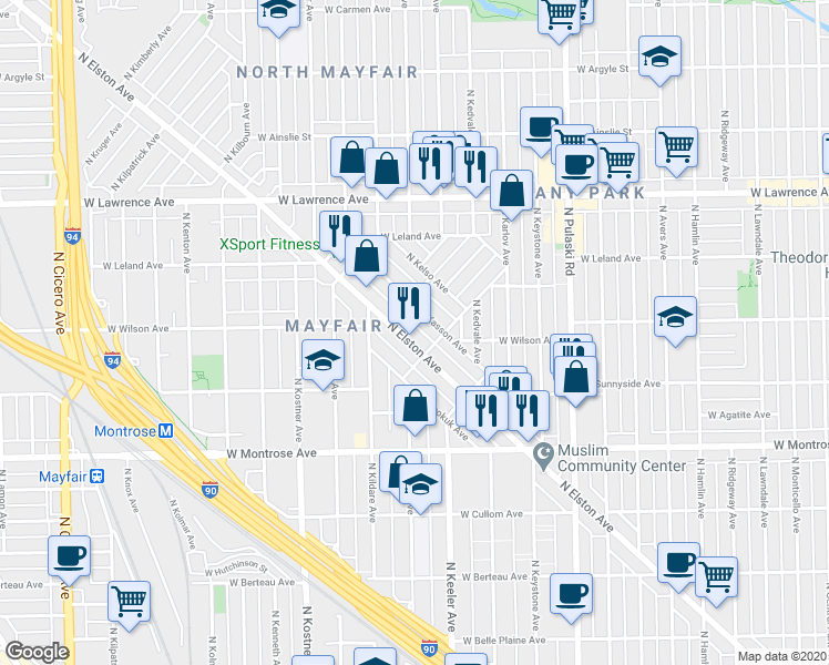 map of restaurants, bars, coffee shops, grocery stores, and more near 4555 North Elston Avenue in Chicago