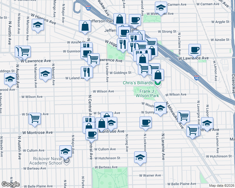 map of restaurants, bars, coffee shops, grocery stores, and more near 5418 West Windsor Avenue in Chicago