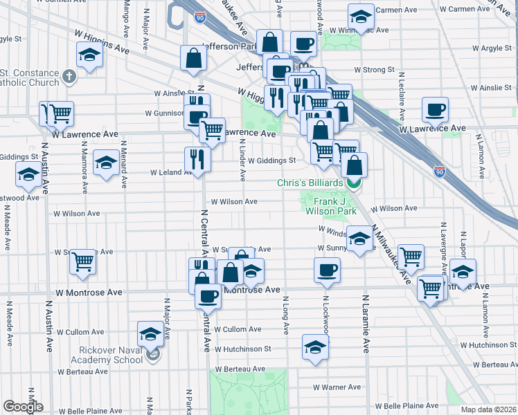 map of restaurants, bars, coffee shops, grocery stores, and more near 5425 West Wilson Avenue in Chicago