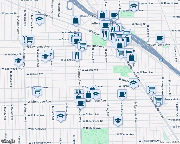 map of restaurants, bars, coffee shops, grocery stores, and more near 4550 North Linder Avenue in Chicago