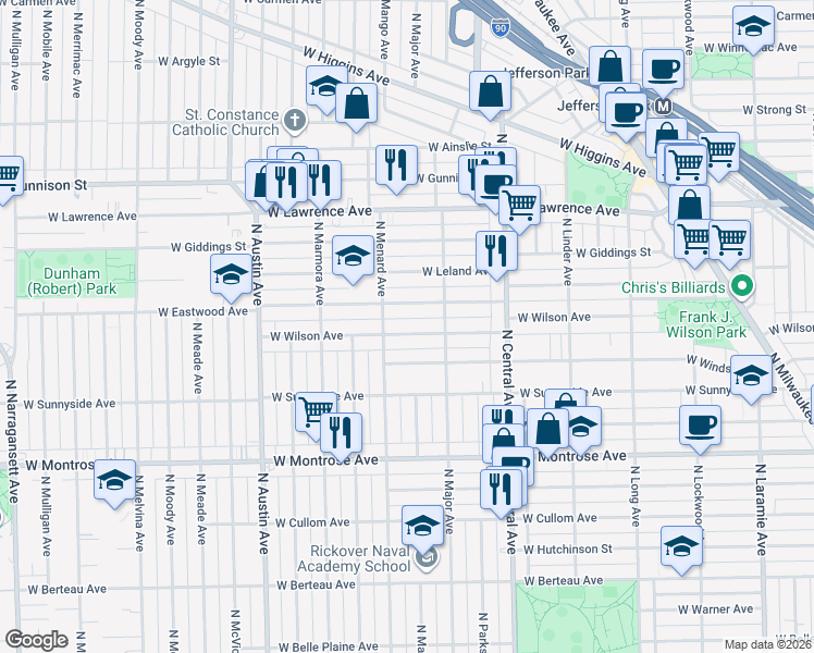 map of restaurants, bars, coffee shops, grocery stores, and more near 5727 West Wilson Avenue in Chicago
