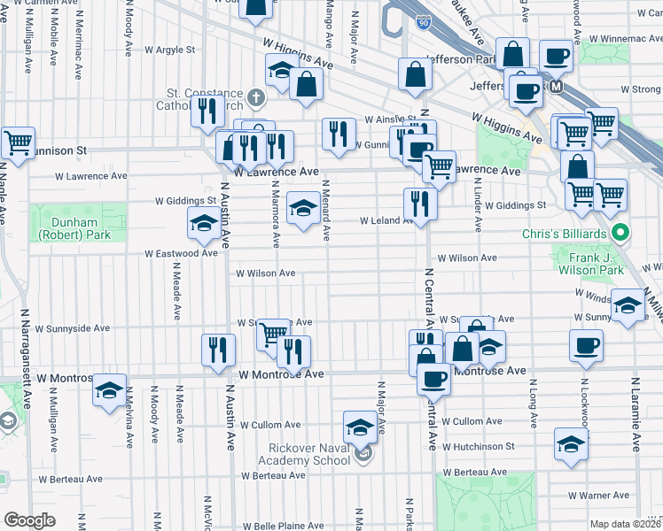 map of restaurants, bars, coffee shops, grocery stores, and more near 5805 West Wilson Avenue in Chicago