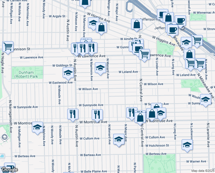 map of restaurants, bars, coffee shops, grocery stores, and more near 5805 West Wilson Avenue in Chicago