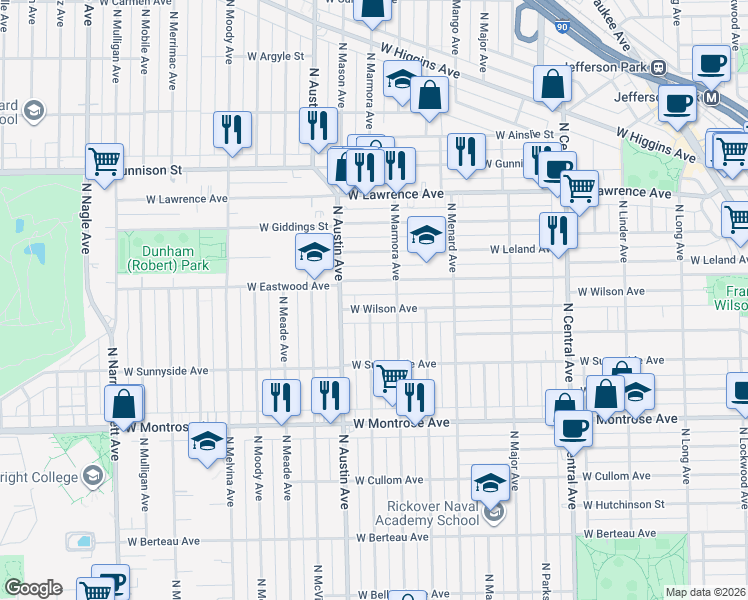 map of restaurants, bars, coffee shops, grocery stores, and more near 5917 West Wilson Avenue in Chicago