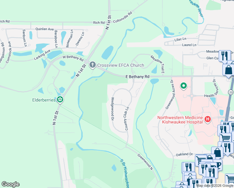 map of restaurants, bars, coffee shops, grocery stores, and more near 2976 Wedgewood Drive in DeKalb