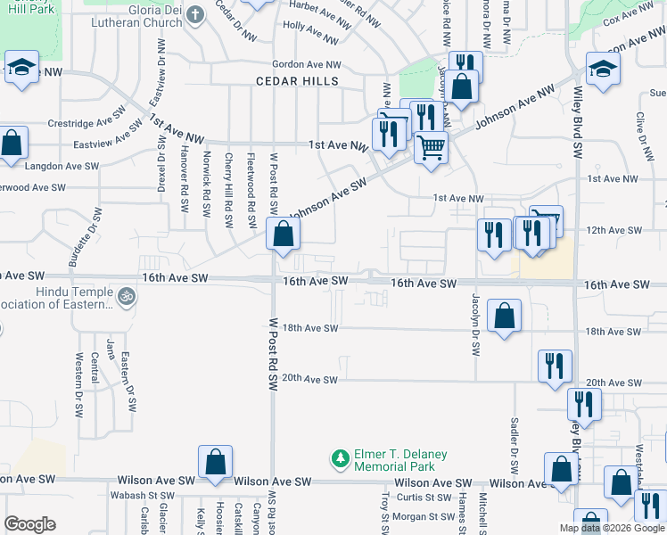 map of restaurants, bars, coffee shops, grocery stores, and more near 5200 16th Avenue Southwest in Cedar Rapids