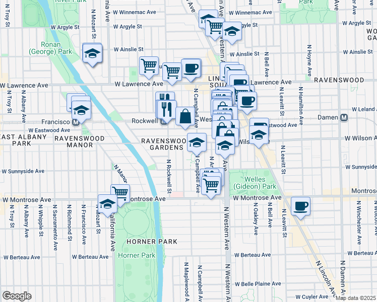 map of restaurants, bars, coffee shops, grocery stores, and more near 4540 North Campbell Avenue in Chicago
