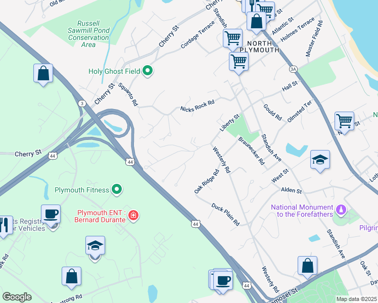 map of restaurants, bars, coffee shops, grocery stores, and more near 54 Liberty St in Plymouth
