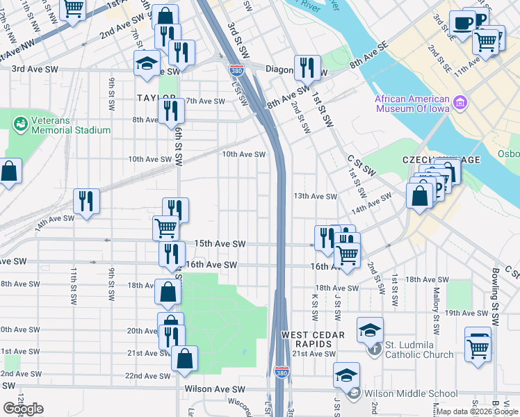 map of restaurants, bars, coffee shops, grocery stores, and more near 1406 M Street Southwest in Cedar Rapids