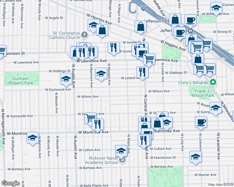 map of restaurants, bars, coffee shops, grocery stores, and more near 5727 West Wilson Avenue in Chicago
