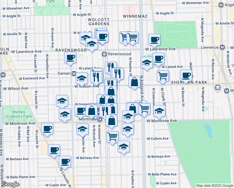 map of restaurants, bars, coffee shops, grocery stores, and more near 4530 North Hermitage Avenue in Chicago