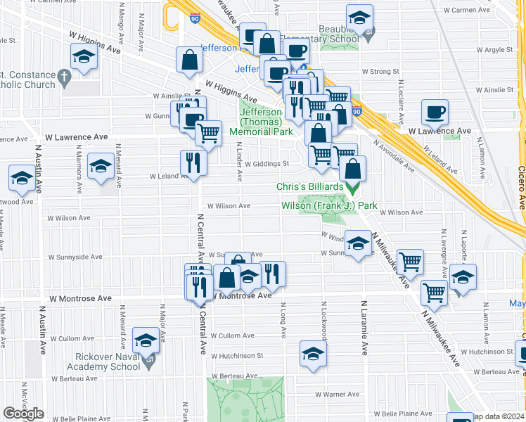 map of restaurants, bars, coffee shops, grocery stores, and more near 5425 West Wilson Avenue in Chicago