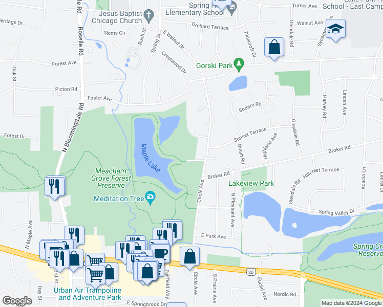 map of restaurants, bars, coffee shops, grocery stores, and more near 191 Hillcrest Terrace in Bloomingdale