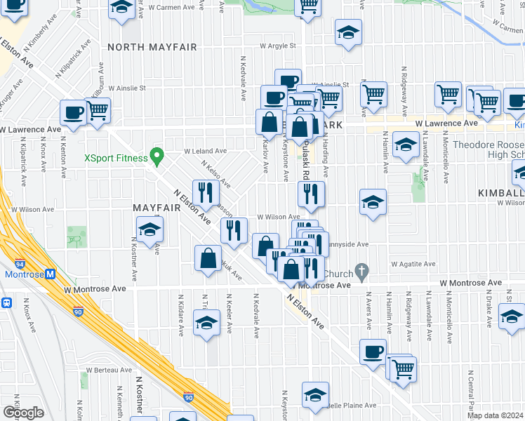 map of restaurants, bars, coffee shops, grocery stores, and more near 4608 North Karlov Avenue in Chicago