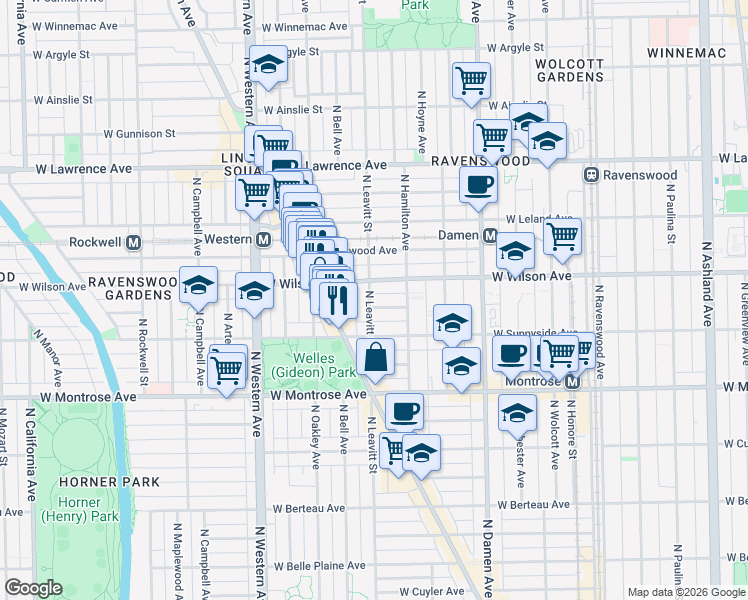 map of restaurants, bars, coffee shops, grocery stores, and more near 4522 North Leavitt Street in Chicago