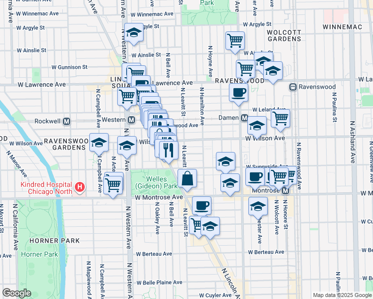 map of restaurants, bars, coffee shops, grocery stores, and more near 4541 North Leavitt Street in Chicago