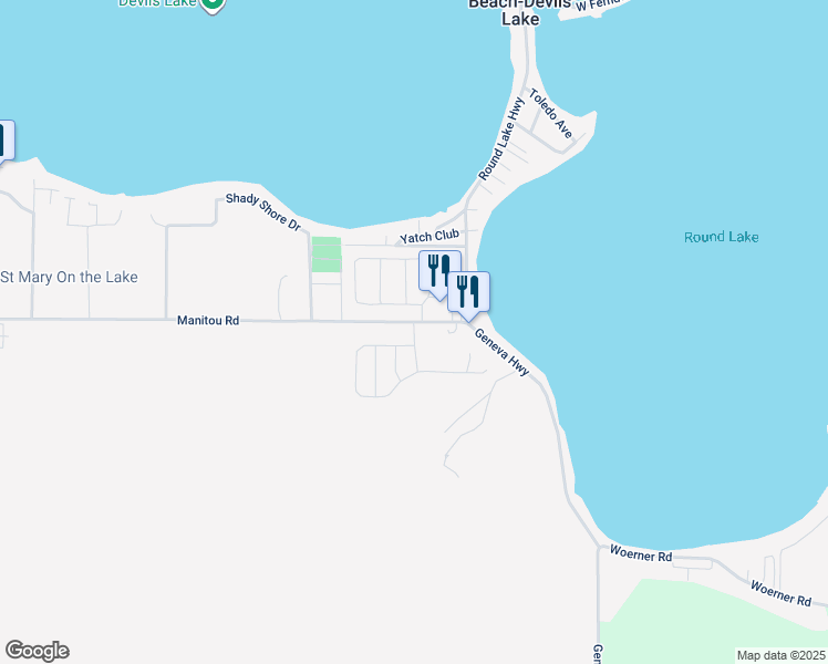map of restaurants, bars, coffee shops, grocery stores, and more near 789 Manitou Road in Manitou Beach-Devils Lake