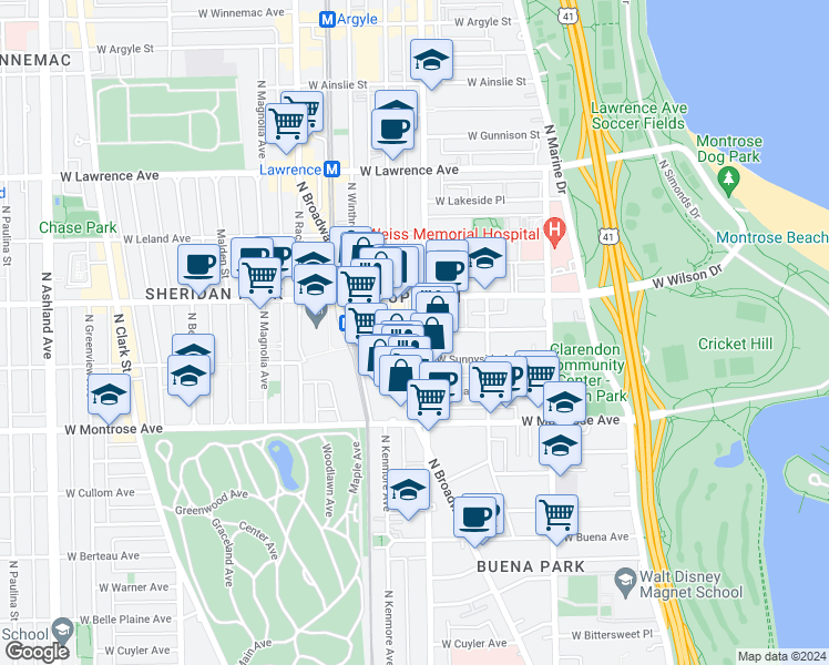 map of restaurants, bars, coffee shops, grocery stores, and more near in Chicago